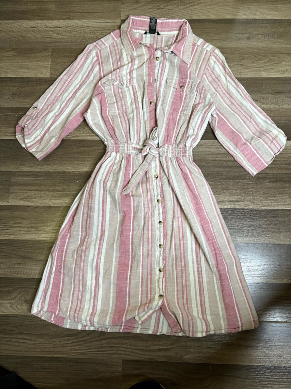 Millenium Women's L Pink & White Striped Shirt Dress Button Front Elastic Waist